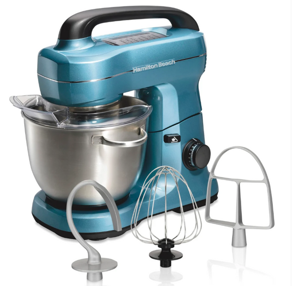 Hamilton Beach Electric Stand Mixer, 4 Quarts, Dough Hook, Flat Beater Attachments, Splash Guard, 7 Speeds with Whisk, Easy-Carry Top Handle, Blue