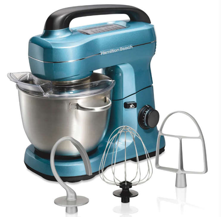 Hamilton Beach Electric Stand Mixer, 4 Quarts, Dough Hook, Flat Beater Attachments, Splash Guard, 7 Speeds with Whisk, Easy-Carry Top Handle, Blue